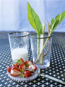 Sugared sticks of rhubarb and strawberries with mascarpone