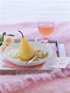 Mother's Day breakfast: muesli, pear and juice on tray