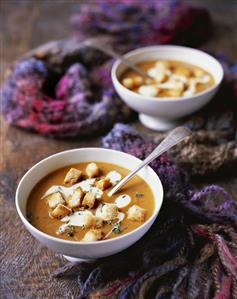 Butternut squash soup with crème fraîche and croutons