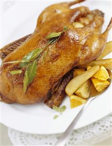 Roast duck with vanilla pears