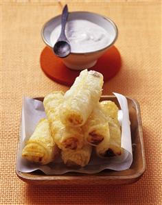 Fried banana spring rolls with cinnamon yoghurt