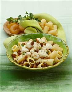 Sweet and sour pasta salad with apricots and John Dory