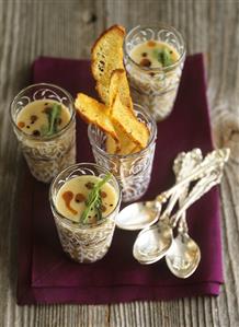 White bean soup with spiced oil, slices of toast