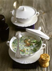 Smoked trout cream soup with leeks, dill and chervil