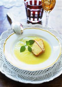 Apple soup with fried slices of custard