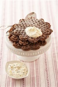 Rum and chocolate waffles with peach quark