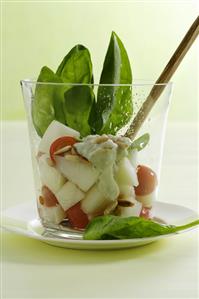 Tomato and melon salad with spinach and Gorgonzola sauce