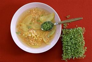 Lentil and apple soup with cress