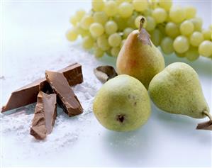 Ingredients for desserts & cakes: fruit, icing sugar, chocolate