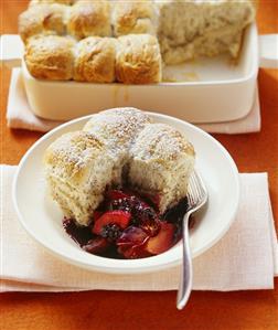 Sweet poppy seed dumplings with pear & elderberry compote