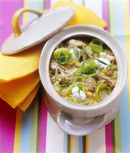 Pearl barley soup with veal, savoy cabbage & Brussels sprouts