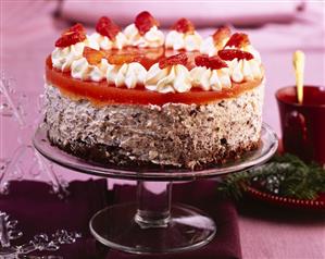 Chocolate quark cream cake with blood oranges, Xmas decoration