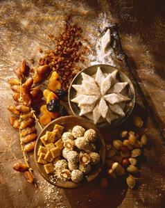 Nut, coconut and sesame sweets, dried fruit