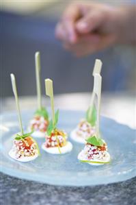 Melon on cocktail sticks on lime cream with grated white chocolate