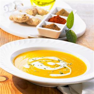 Middle Eastern cream of carrot soup with ginger & crème fraîche