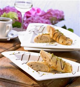 Crêpes with chestnut cream filling and chocolate sauce