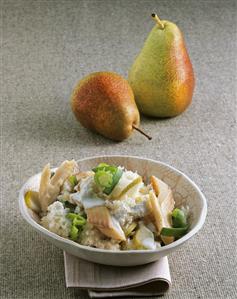 Black radish salad with trout fillets and pear