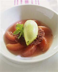 Plum compote with wafer and mint ice cream