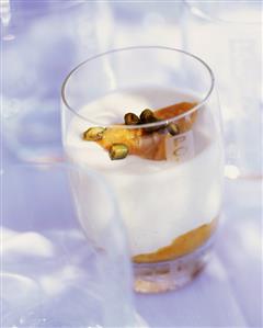 Papaya puree with vanilla mascarpone & pistachios in glass