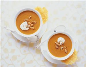 Two cups of sweet potato & chestnut soup, Parmesan wafers