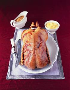 Roast goose with juniper sauce and lemon apple puree