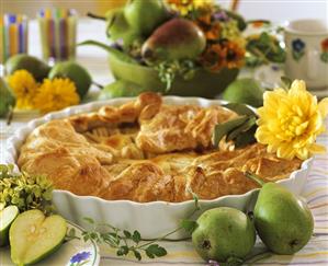 Puff pastry pear tart with pears and dahlias