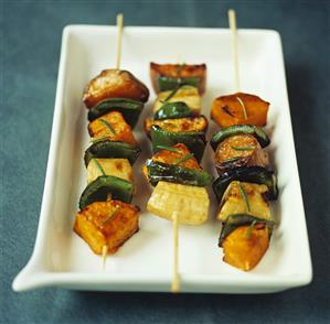 Fried sweet potato, pumpkin and plantain kebabs