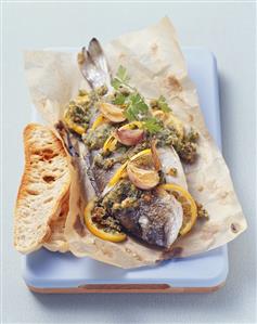 Oven-baked sea bream with lemon and herb breadcrumbs