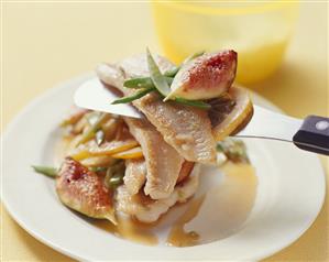 Fried sole with figs, lemon and sugar snap peas