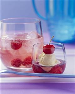 Cherry vodka punch with vanilla ice cream