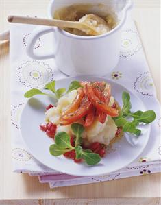 Jerusalem artichoke mash with corn salad, tomatoes & pomegranate