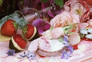 Strawberries in marzipan & chocolate, edible flowers in sugar