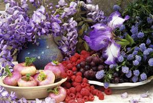 Still life with flowers, turnips and fruit