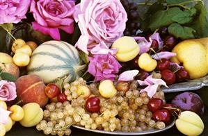 Still life with assorted fruit and roses