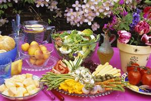 Buffet of fruit, vegetables and salad out of doors