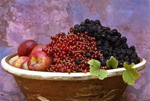 Apples, blackberries and redcurrants in terracotta bowl