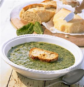 Spinach soup with toasted white bread