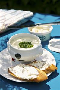 Potato cream soup with watercress pesto and crostini