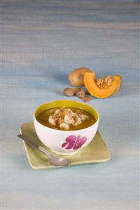 Sweet potato and pumpkin soup with added fish