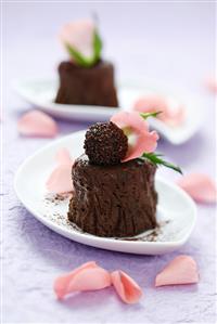 Chocolate dessert with chocolate truffle and rose petals