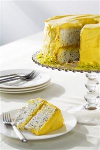 Lemon poppy seed cake, a piece cut