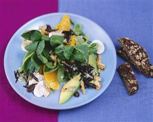 Californian wild rice salad with avocado, oranges & corn salad