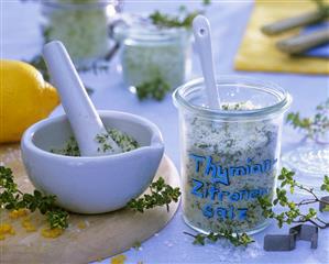 Thyme and lemon salt in jar and mortar