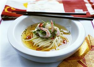 Asian noodle soup with prawns, chilli and coriander