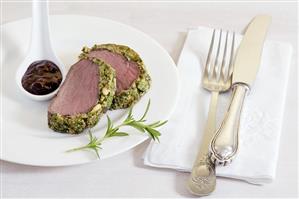 Venison fillet with herb crust and chocolate sauce