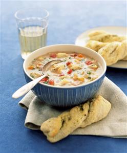 Corn chowder (USA) with bread twists