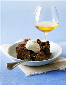 Chocolate banana bread pudding with cream