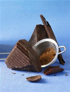 Pieces of chocolate and cocoa powder in a sieve