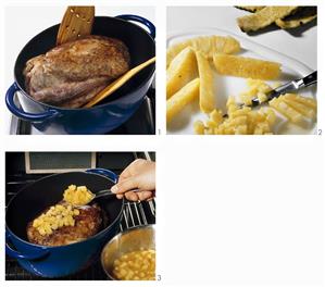 Preparing roast pork with pineapple