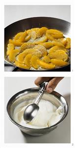 Making peach dessert with yoghurt ice cream